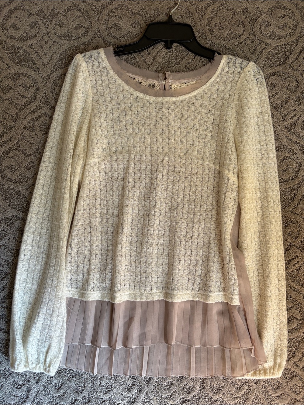 A'Reve Cream Knit Pullover with Taupe Pleated Hem